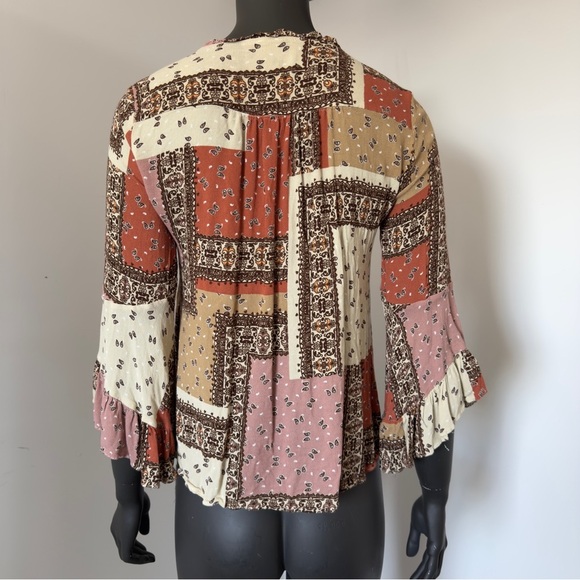 Mystree Boho Patchwork Tassel Tie Blouse – Size Small – 100% Rayon - Picture 4 of 7